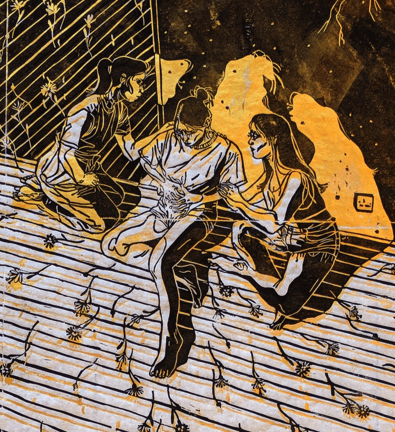 Personal linocut black and gold illustration 'Comfort'